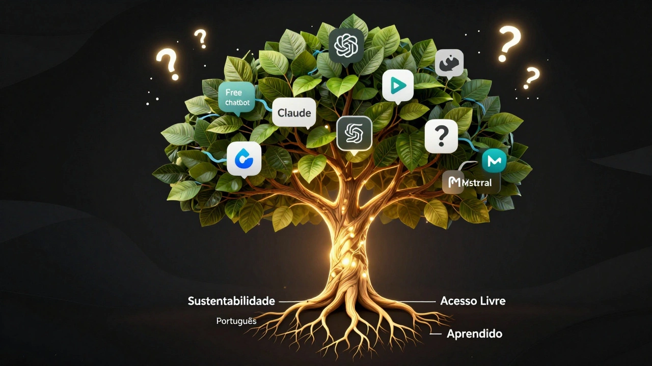 Árvore de código com folhas representando chatbots de IA gratuitos em português.