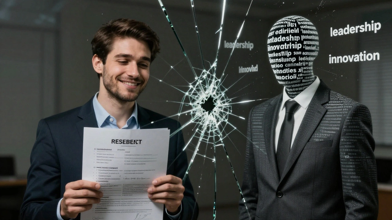 Espelho partido refletindo duas versões de um candidato: uma autêntica e outra feita de palavras-vazias de IA.