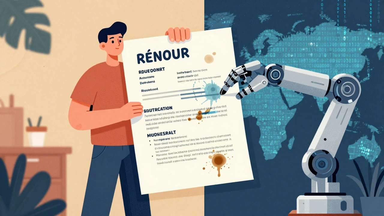 Pessoa escrevendo manualmente um currículo enquanto um braço robótico tenta substituí-lo por texto genérico de IA.
