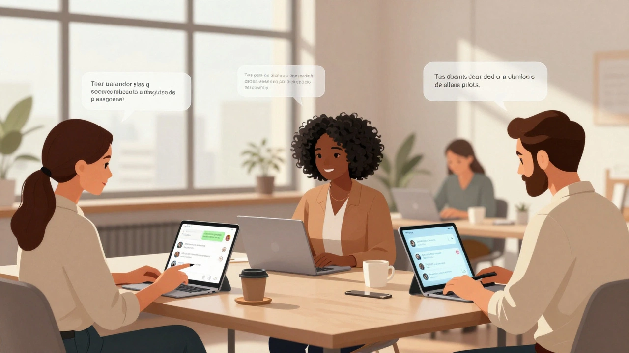 Profissionais interagindo com chatbots gratuitos em um espaço de trabalho compartilhado.