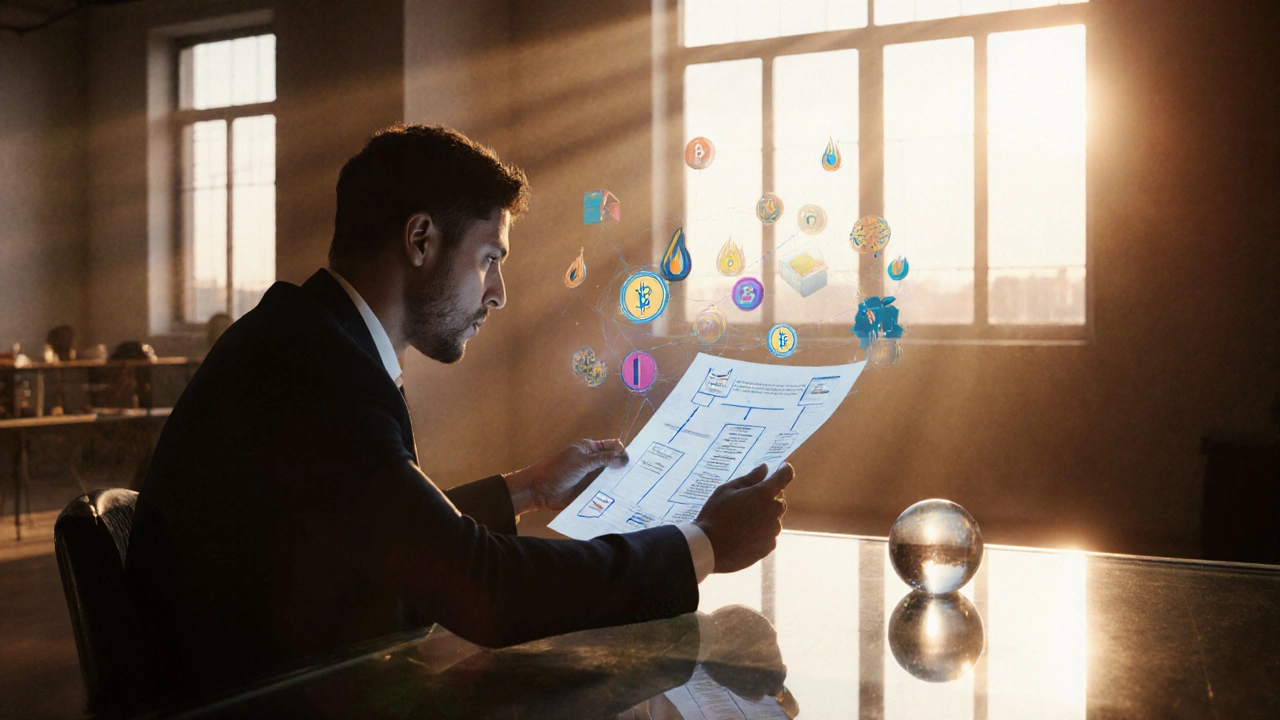 Analista revisando projeção holográfica de tokenomics em ambiente elegante.