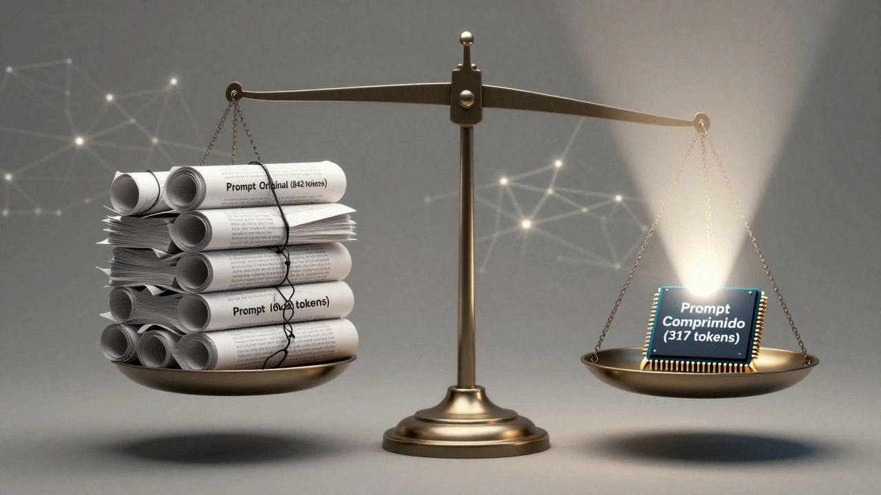 Balança simbólica com prompt longo pesado contra prompt curto leve, emitindo luz focada, representando eficiência em IA.