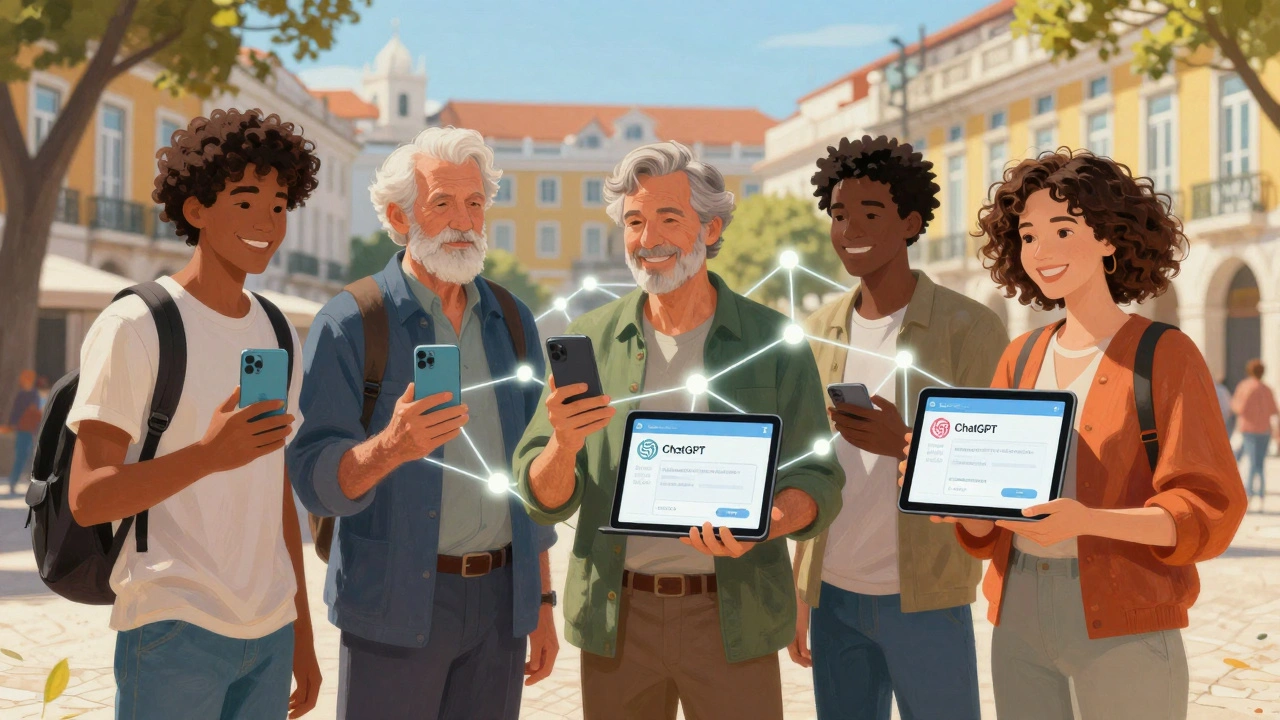 Diversas pessoas em Lisboa usando ChatGPT em seus dispositivos, conectadas por linhas de luz simbolizando ideias.