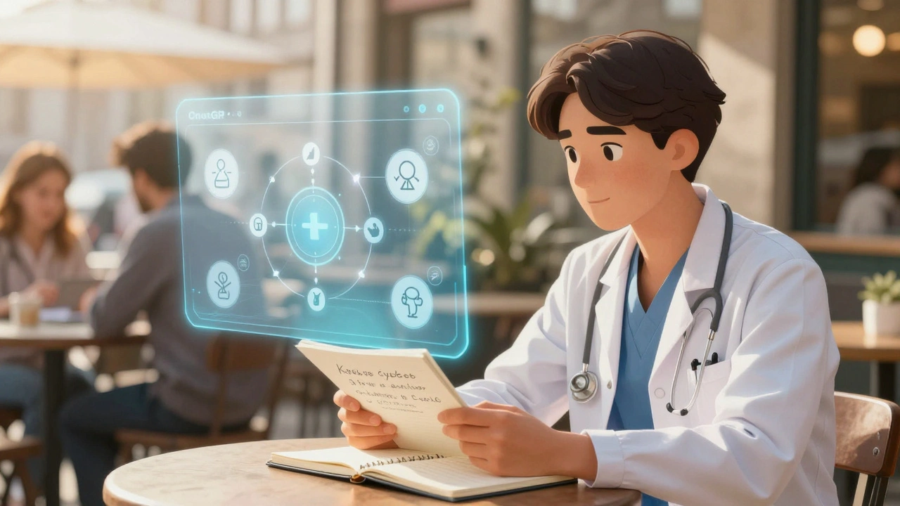 Estudante de medicina em um café aprendendo o ciclo de Krebs com ajuda de uma interface de IA sutil.