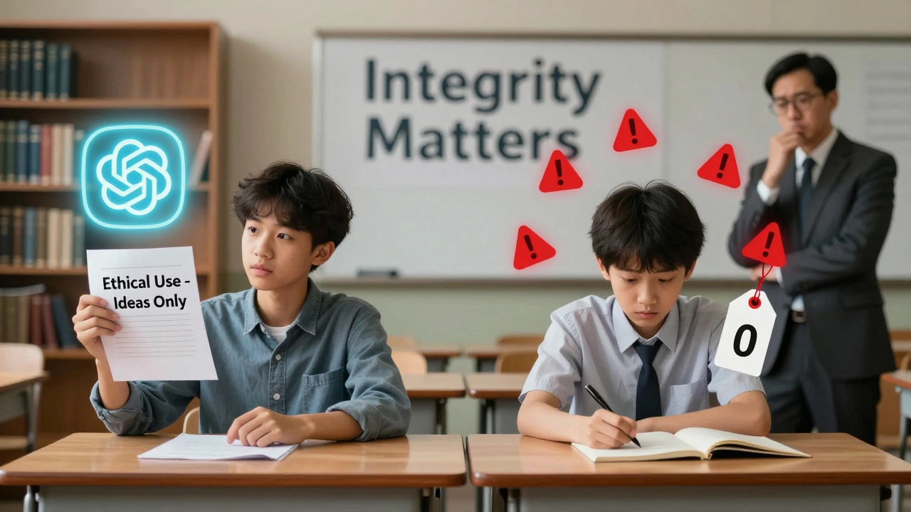 Ilustração simbólica de dois alunos: um usando IA eticamente, outro enfrentando consequências por plágio.
