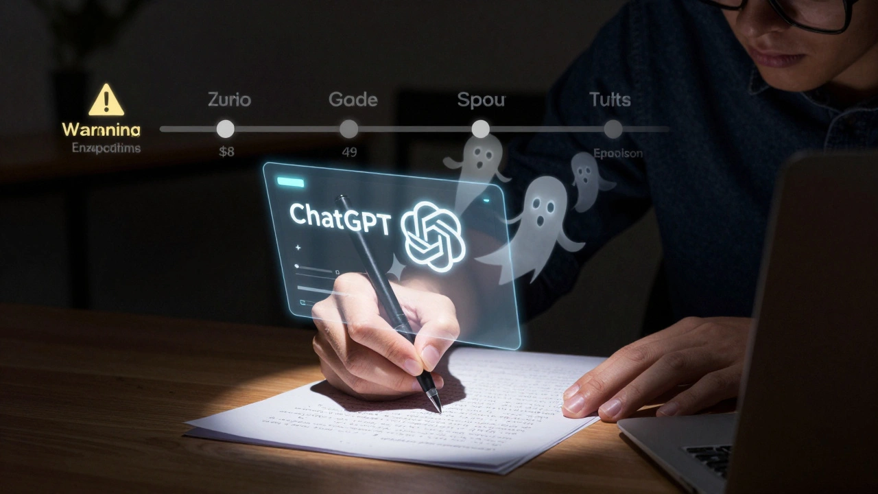 Mão escrevendo à mão enquanto uma interface de IA flutua como holograma, com linhas do tempo de consequências ao fundo.