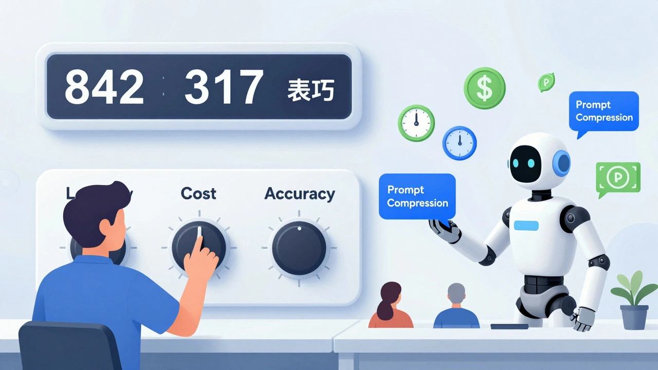 Técnico ajustando controles que reduzem tokens, custo e latência, enquanto respostas de IA se tornam mais rápidas e precisas.