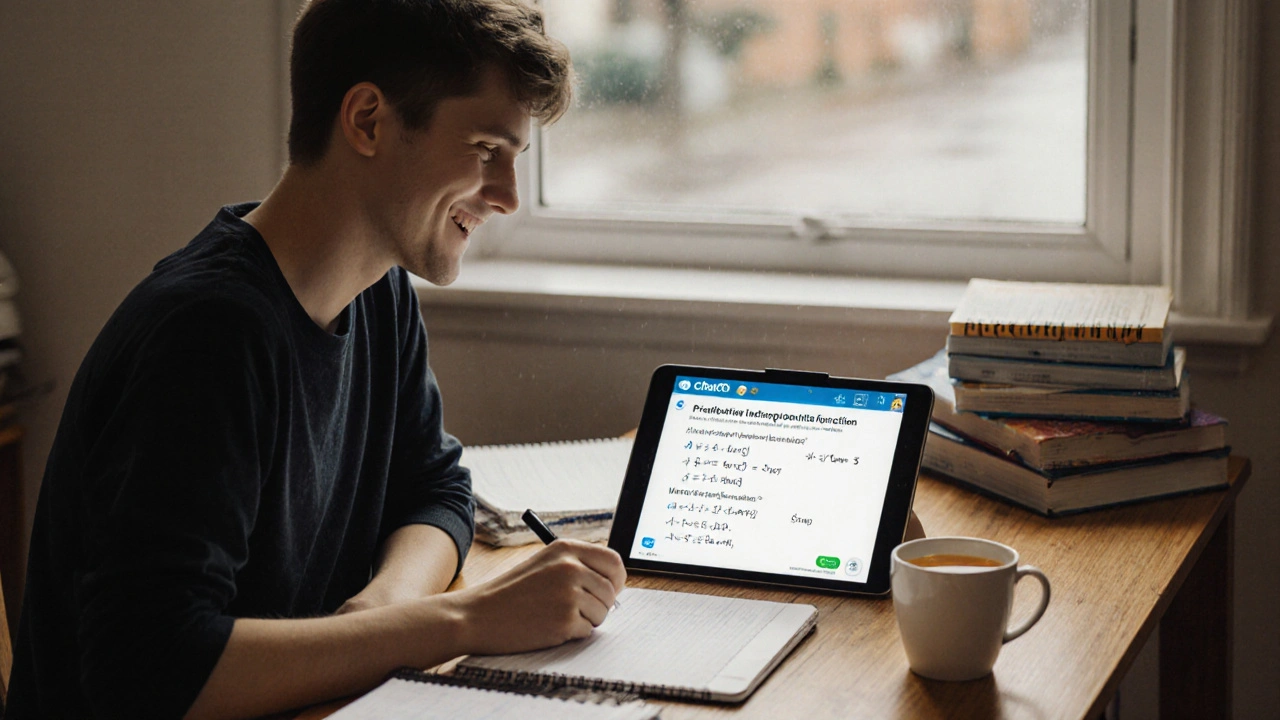 Adolescente estudando com tablet mostrando explicação simplificada de matemática do ChatGPT.