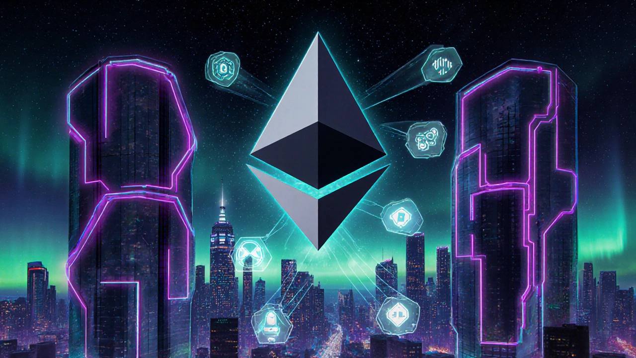 Cena cyberpunk futurista mostrando shards de Ethereum e ícones de dApps, NFTs e DeFi.