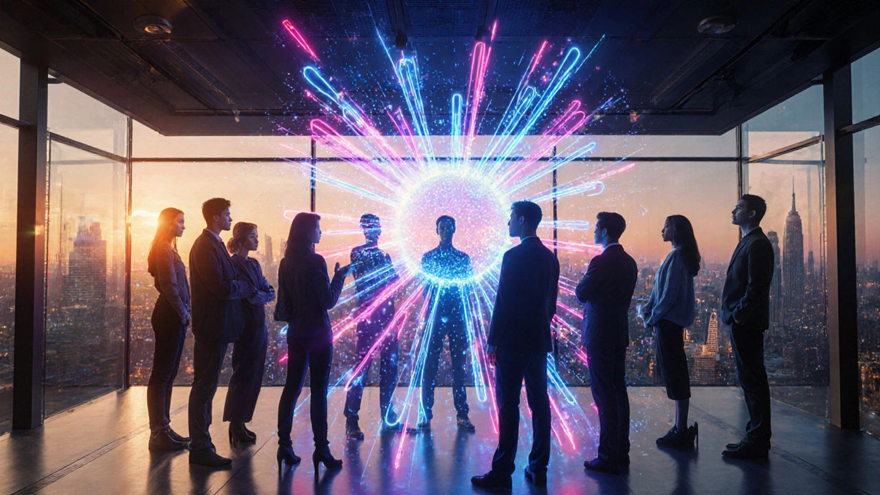 Cena de laboratório moderno com holograma de rede neural e mentores de IA ao fundo.