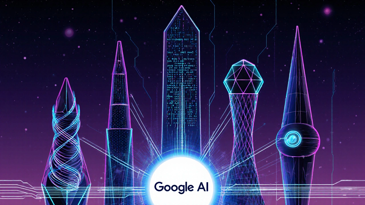 Cidade futurista de torres de IA conectadas a um portal central de Google AI.