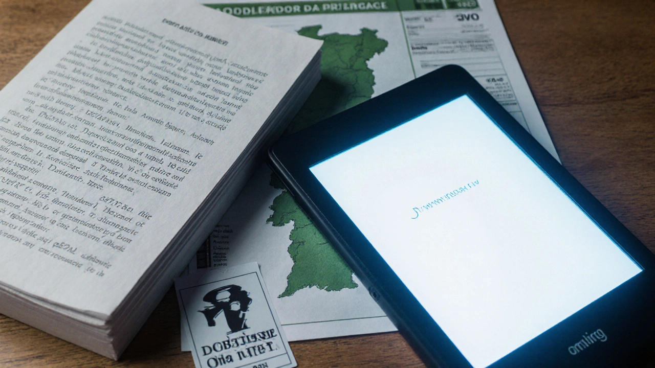 Colagem de livro impresso e e‑reader ao lado de símbolo de IVA em Portugal.