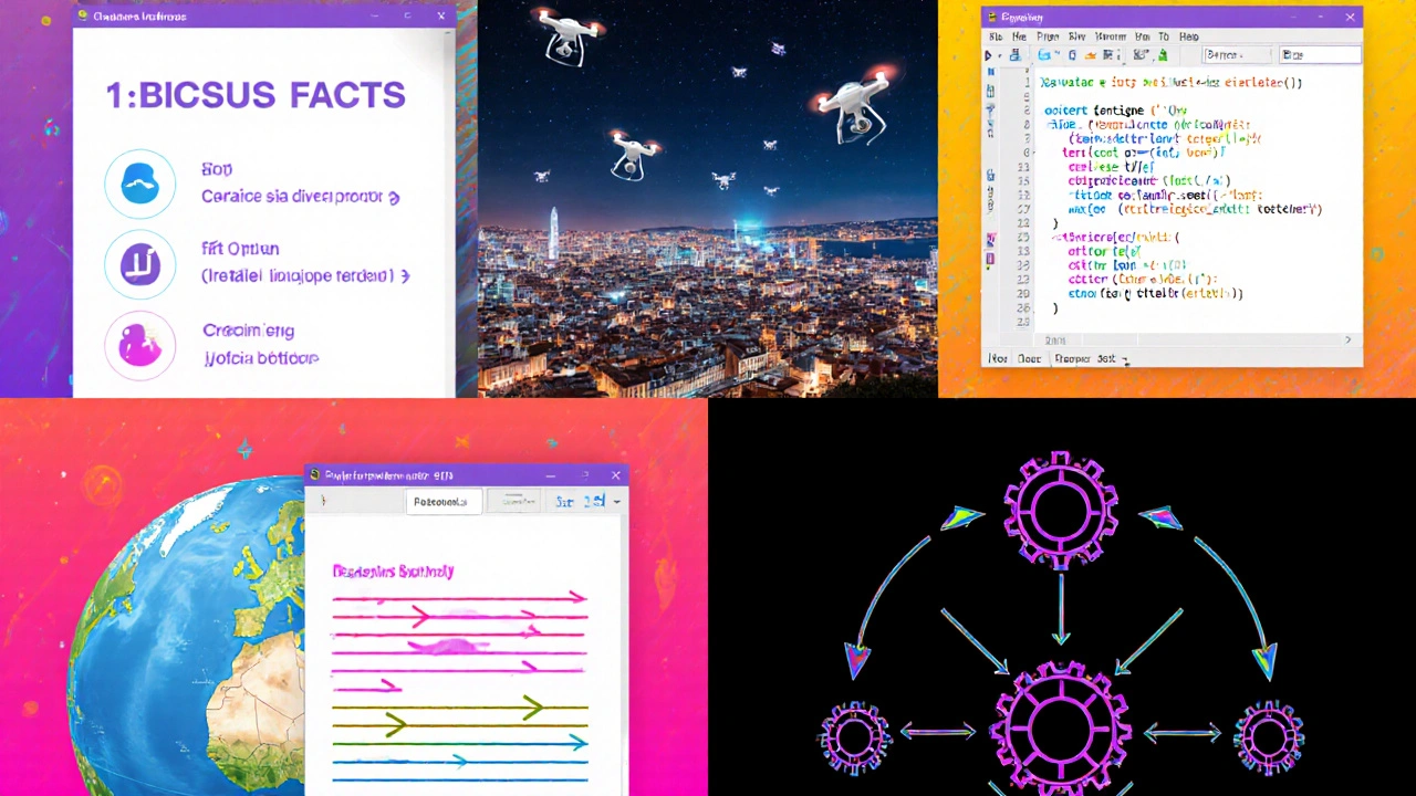 Colagem em seis painéis mostrando fatos, ficção de Lisboa, código Python, tradução, resumo e lógica.