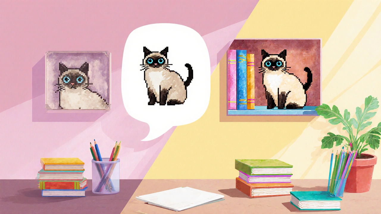 Comparação de imagem em baixa e alta resolução de um gato na estante.
