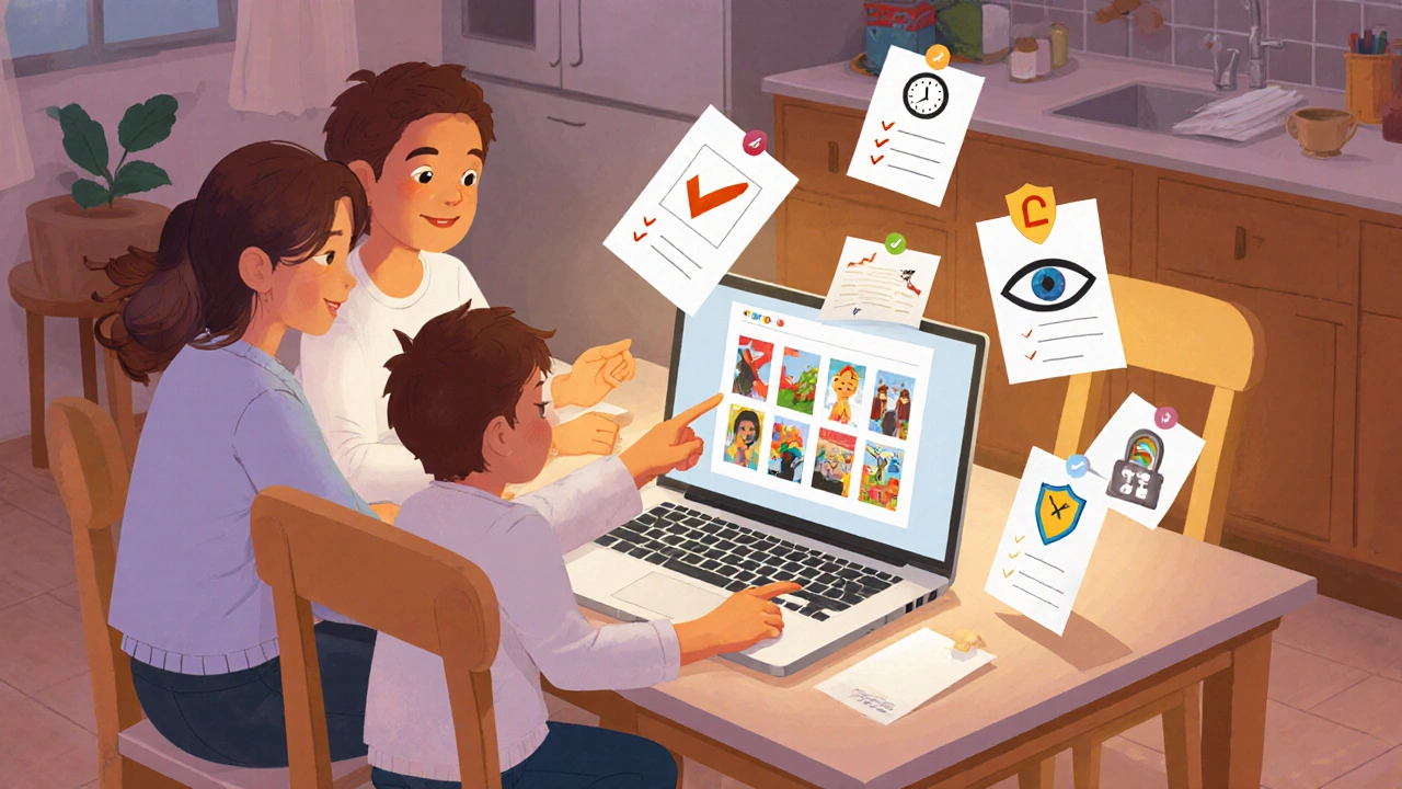 Família revisando imagens geradas por IA ao lado de checklist de segurança.