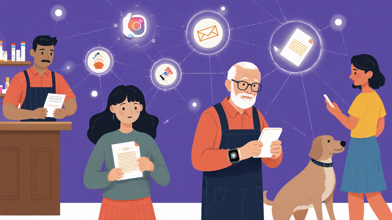 Grupo diverso usando ChatGPT no dia a dia: barbeiro, mãe, idoso e caminhante com assistência digital sutil.