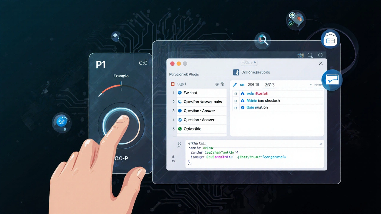 Ilustração de sliders de temperatura e top‑p, exemplos few‑shot e ícones de plugins ao fundo.