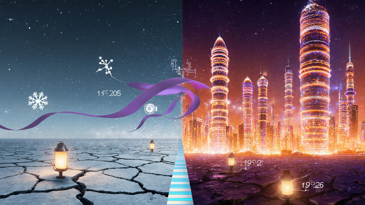 Ilustração mostrando o inverno da IA transformando‑se em cidade neon de deep learning.