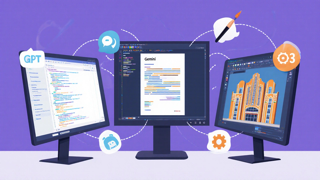 Mesa com três monitores mostrando ChatGPT, Gemini e Midjourney, rodeados por ícones de IA.