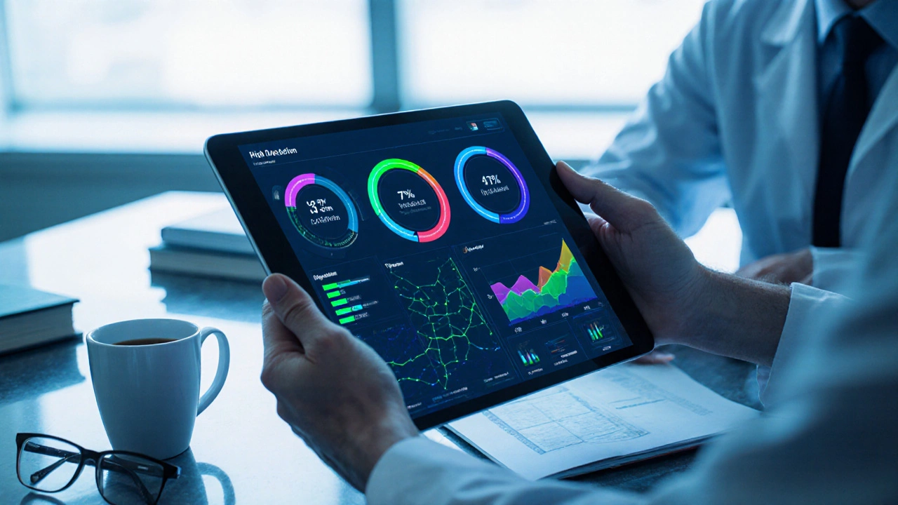 Professor analisando em tablet um painel de detecção de IA com gráficos coloridos.