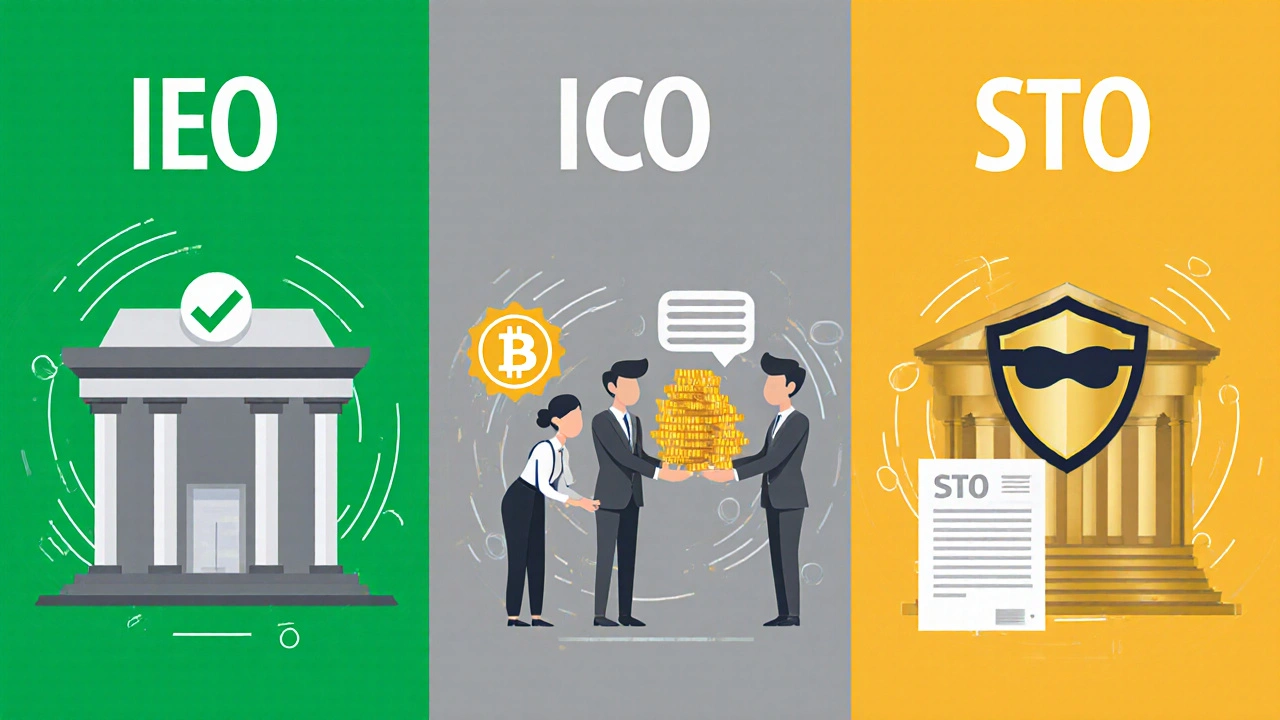 Três painéis comparando IEO, ICO e STO com ícones de segurança, risco e regulação.