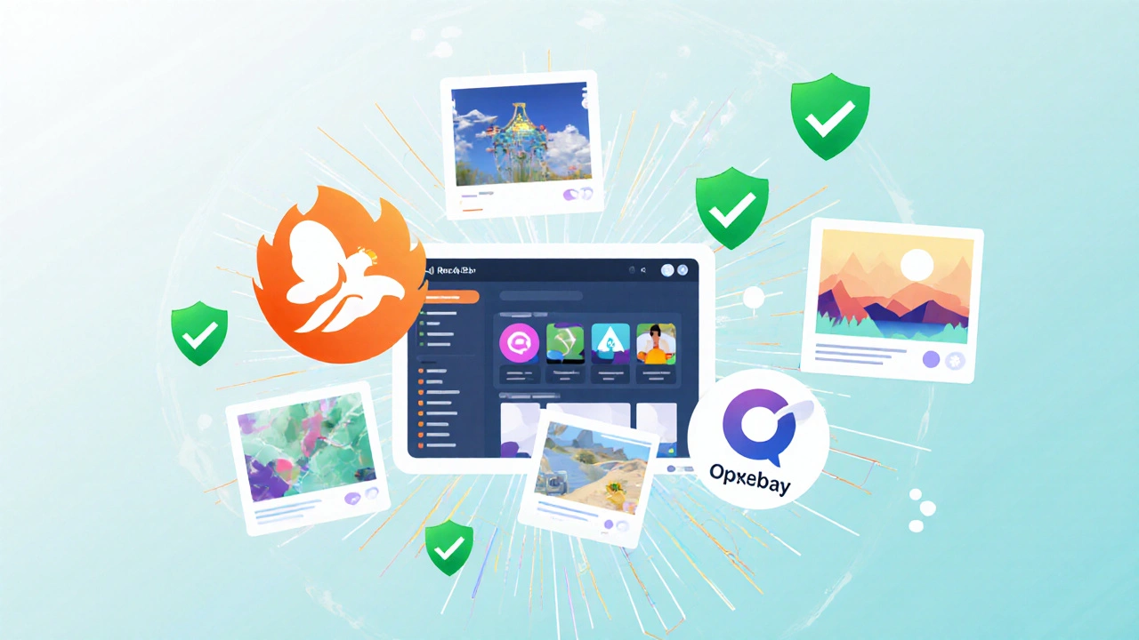 Alternativas seguras para imagens de IA: Firefly, Canva, Pixabay e Openverse com ícones e símbolos de segurança.