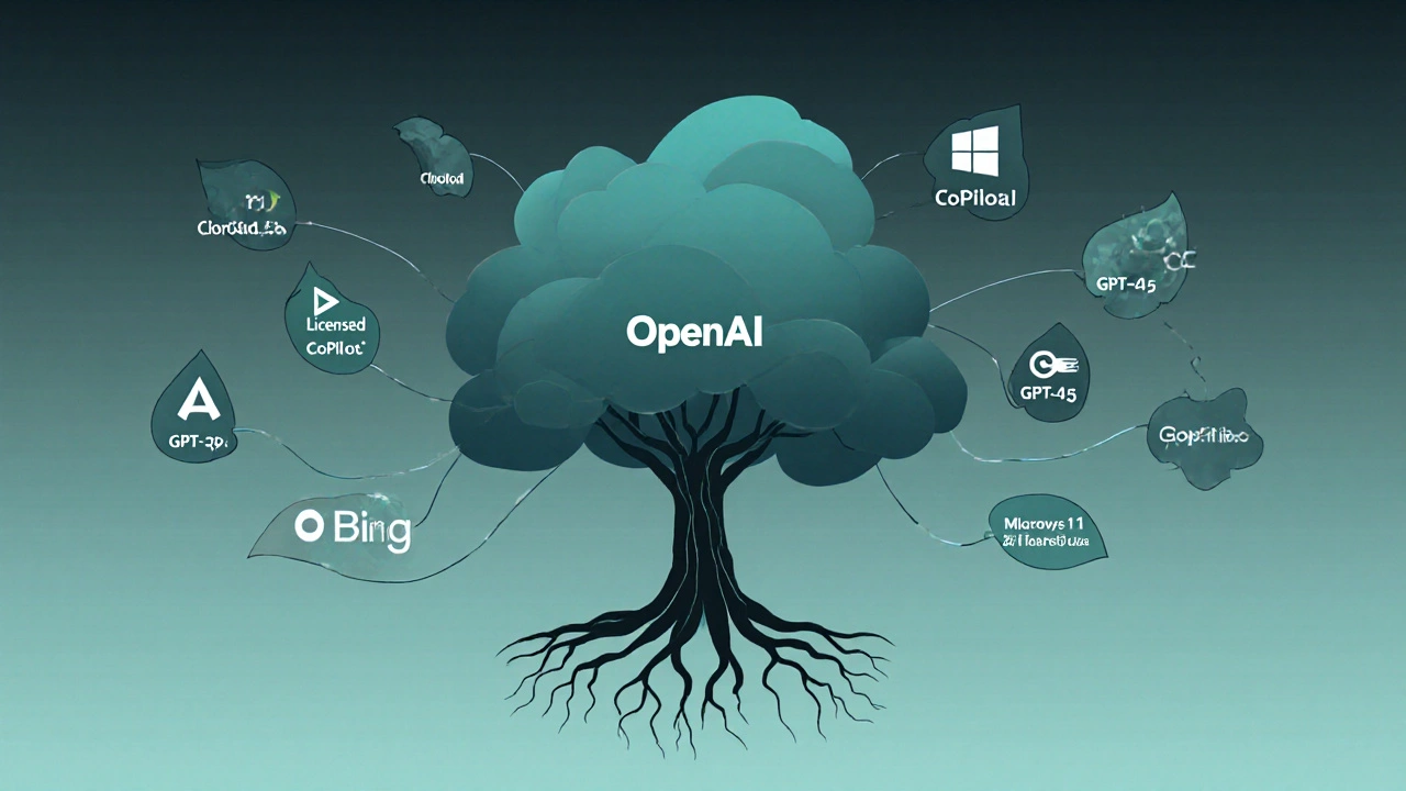 Árvore simbólica da OpenAI com ramos alimentando produtos da Microsoft como Bing e Copilot.