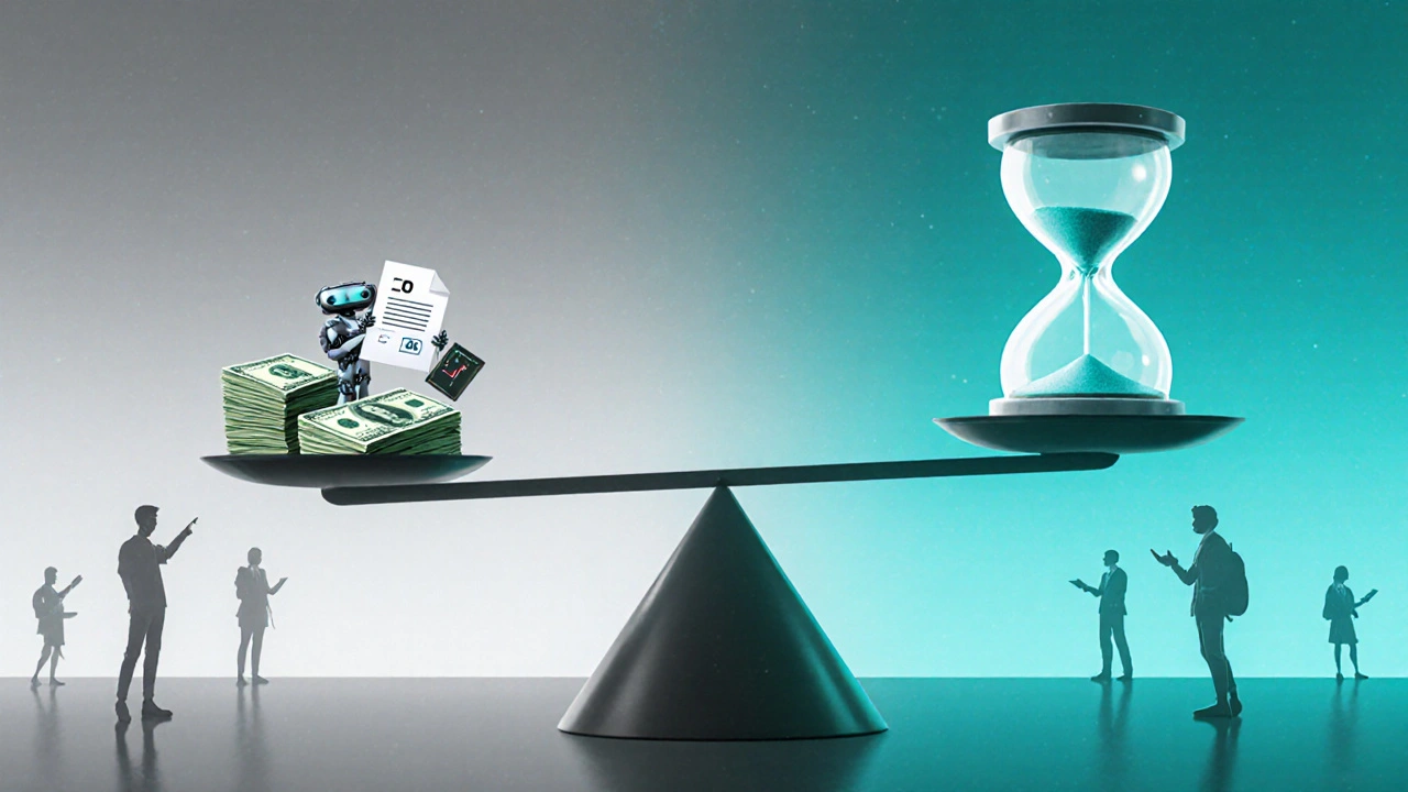 Balança comparando custo de 20 dólares com tempo economizado, fundo que vai do cinza ao azul-turquesa, com silhuetas de usuários beneficiados.