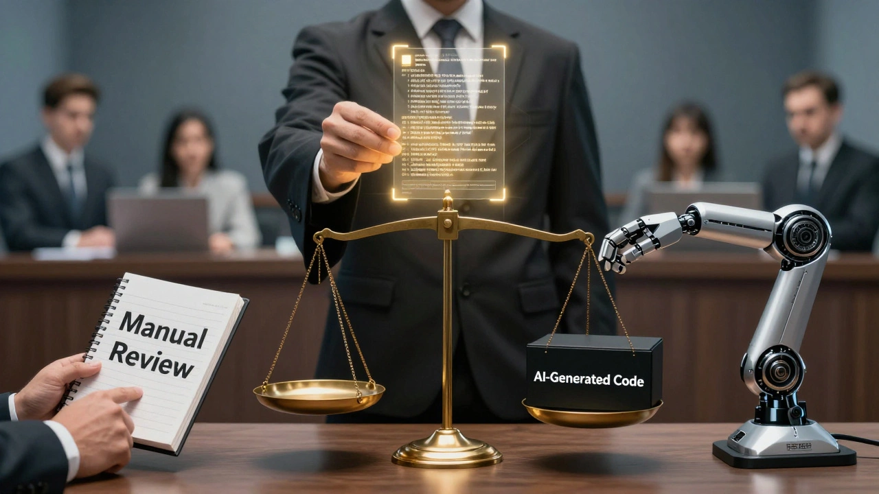 Balança judicial com mão humana e braço robótico comparando código humano e gerado por IA.