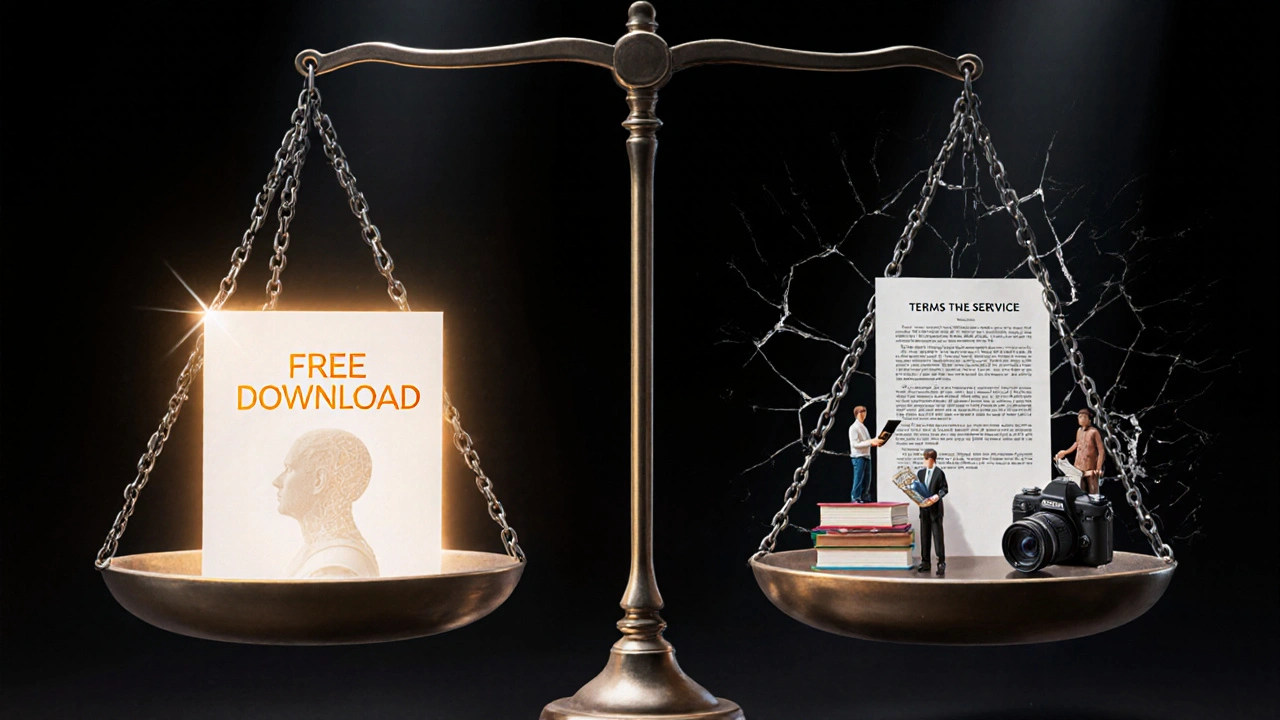 Balança jurídica com imagem de IA contra artistas e direitos autorais, simbolizando risco legal.