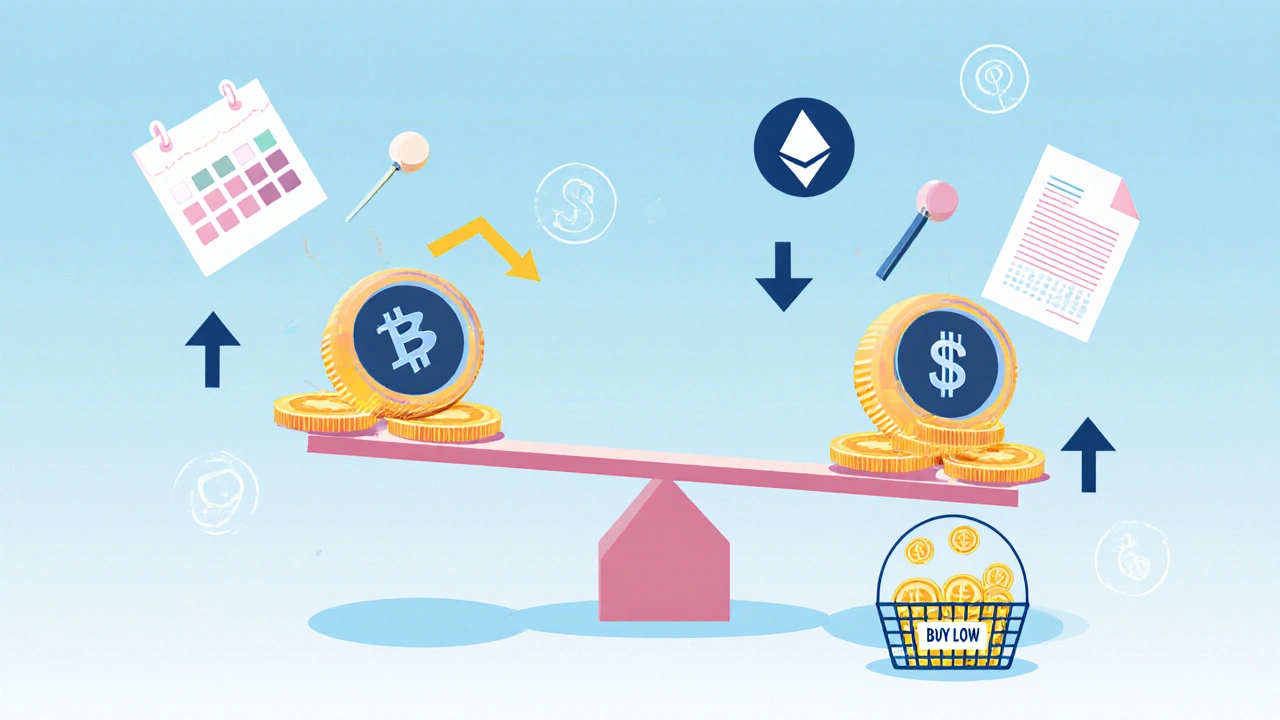 Balança simbólica com Bitcoin e Ethereum equilibrando compras e vendas para rebalanceamento de carteira.