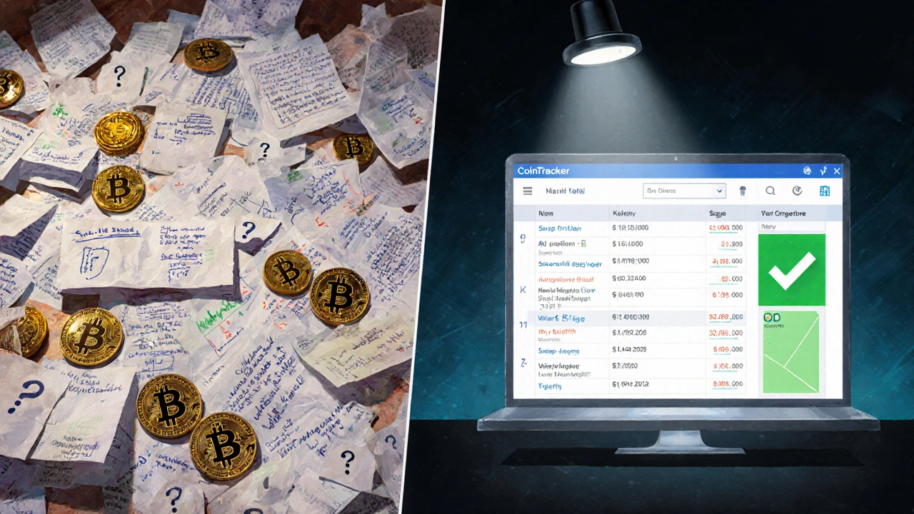 Cena dividida: caos de papéis à esquerda versus organização digital de ferramentas fiscais à direita.