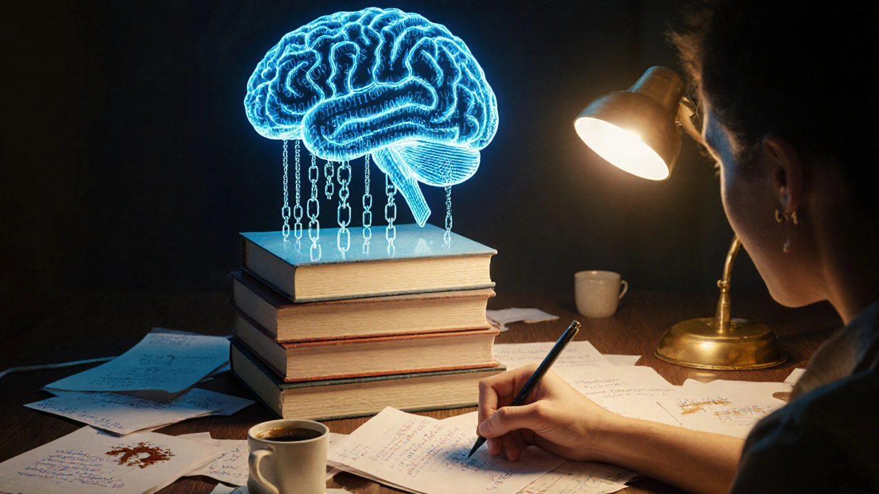 Cérebro de IA com correntes quebradas enquanto pessoa escreve manualmente sob luz quente.