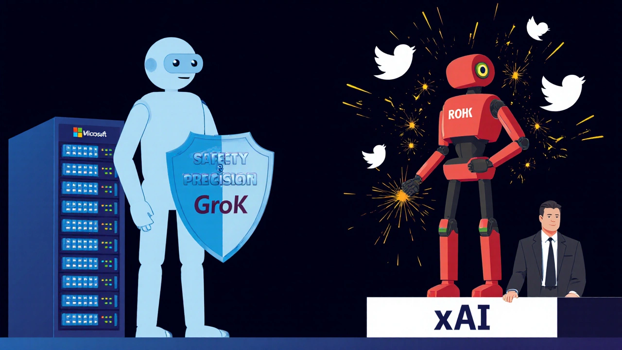 ChatGPT e Grok representados como figuras opostas, com Microsoft e xAI como fundos.