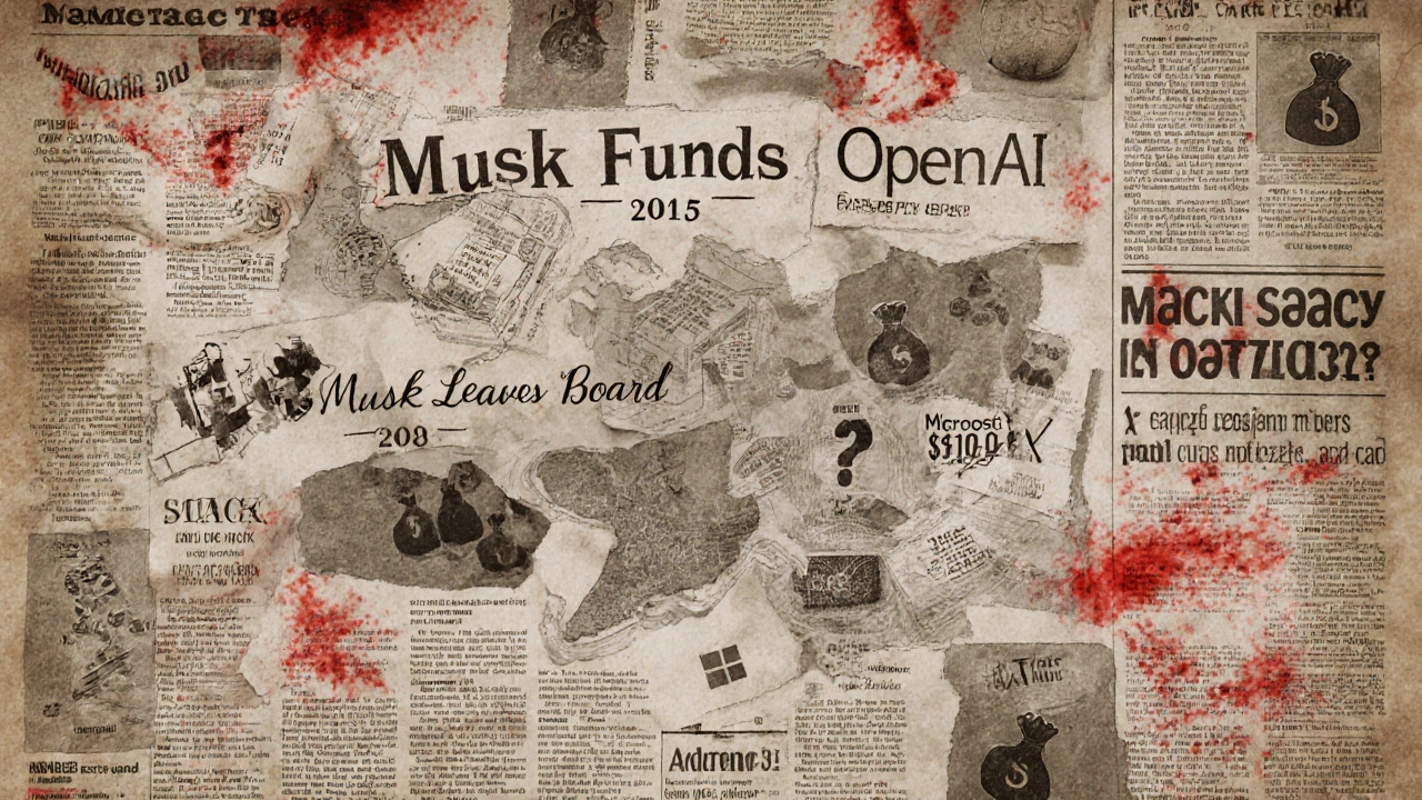 Colagem de jornal antigo mostrando a evolução da OpenAI e a saída de Musk.