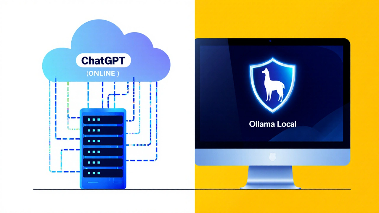 Comparação visual entre IA na nuvem e IA local, com ícone de escudo protegendo o computador offline.