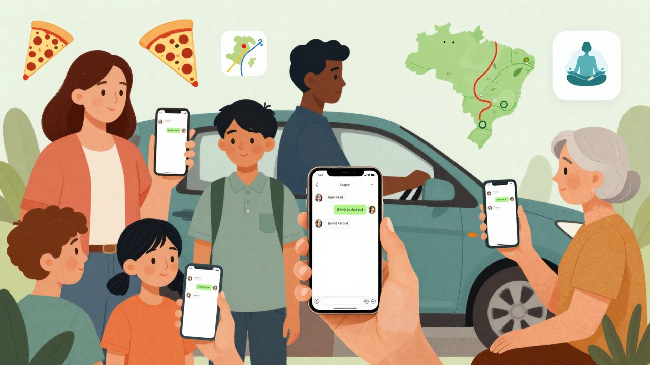 Diversas pessoas usando ChatGPT no celular para tarefas do dia a dia, com símbolos visuais de aprendizado e planejamento.