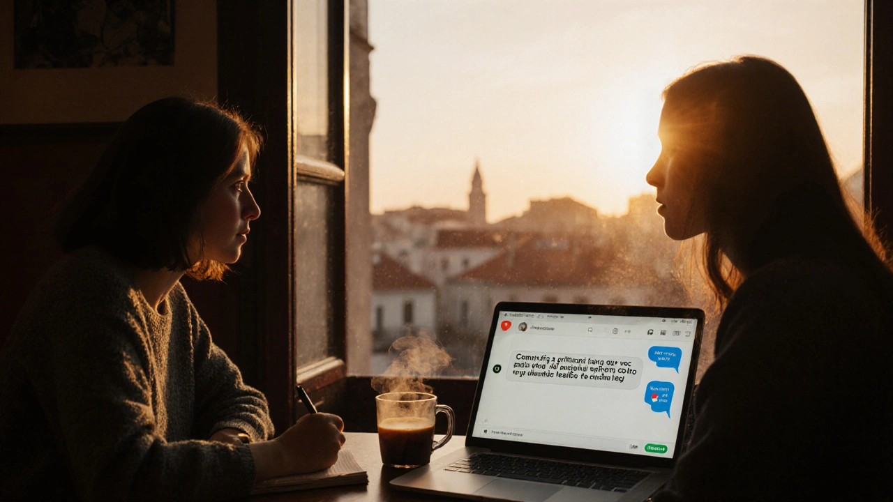Dois indivíduos em um café em Lisboa, um escrevendo, o outro olhando para fora, laptop aberto com mensagem emocional.