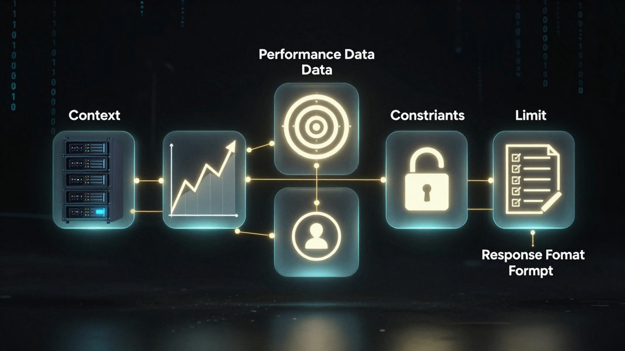 Estrutura em cinco partes de um prompt de otimização flutuante, com ícones representando contexto, dados, limite, restrições e formato.