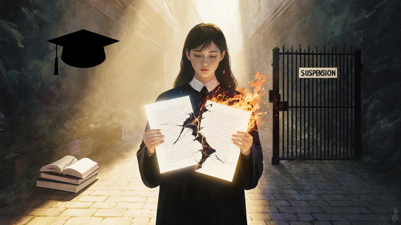 Estudante segura um texto de IA que se desintegra, enquanto caminhos divergem entre sucesso e punição.