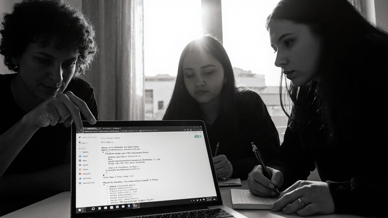 Estudantes em universidade analisando respostas de IA sobre violência policial em tela de laptop.