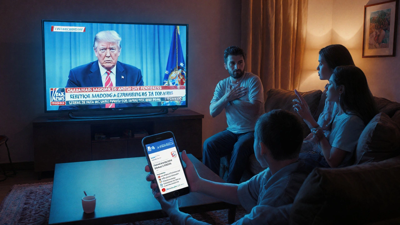 Família assistindo a um deepfake na TV enquanto celular mostra a verdade contrária.