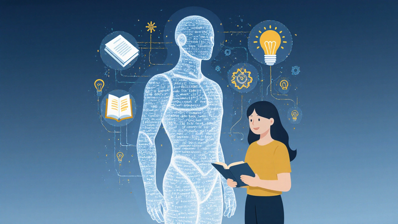 Figura de dados transparentes orienta pessoa com livro, simbolizando ajuda sem substituição.