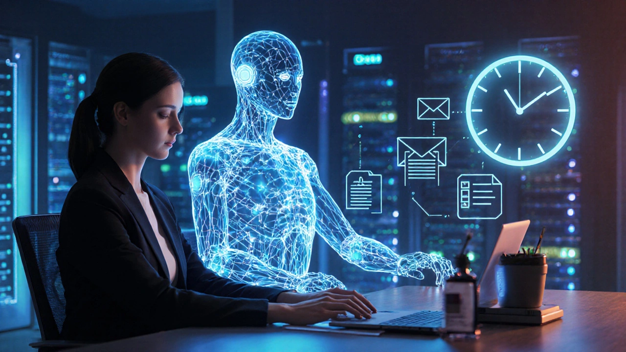 Figura de IA transparente trabalhando ao lado de um funcionário, automatizando tarefas corporativas.