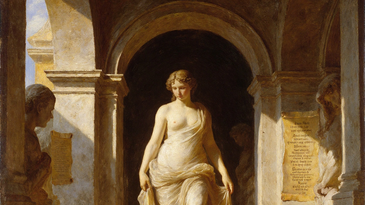 Figura elegante em pose clássica, envolta em tecidos translúcidos, estilo renascentista.