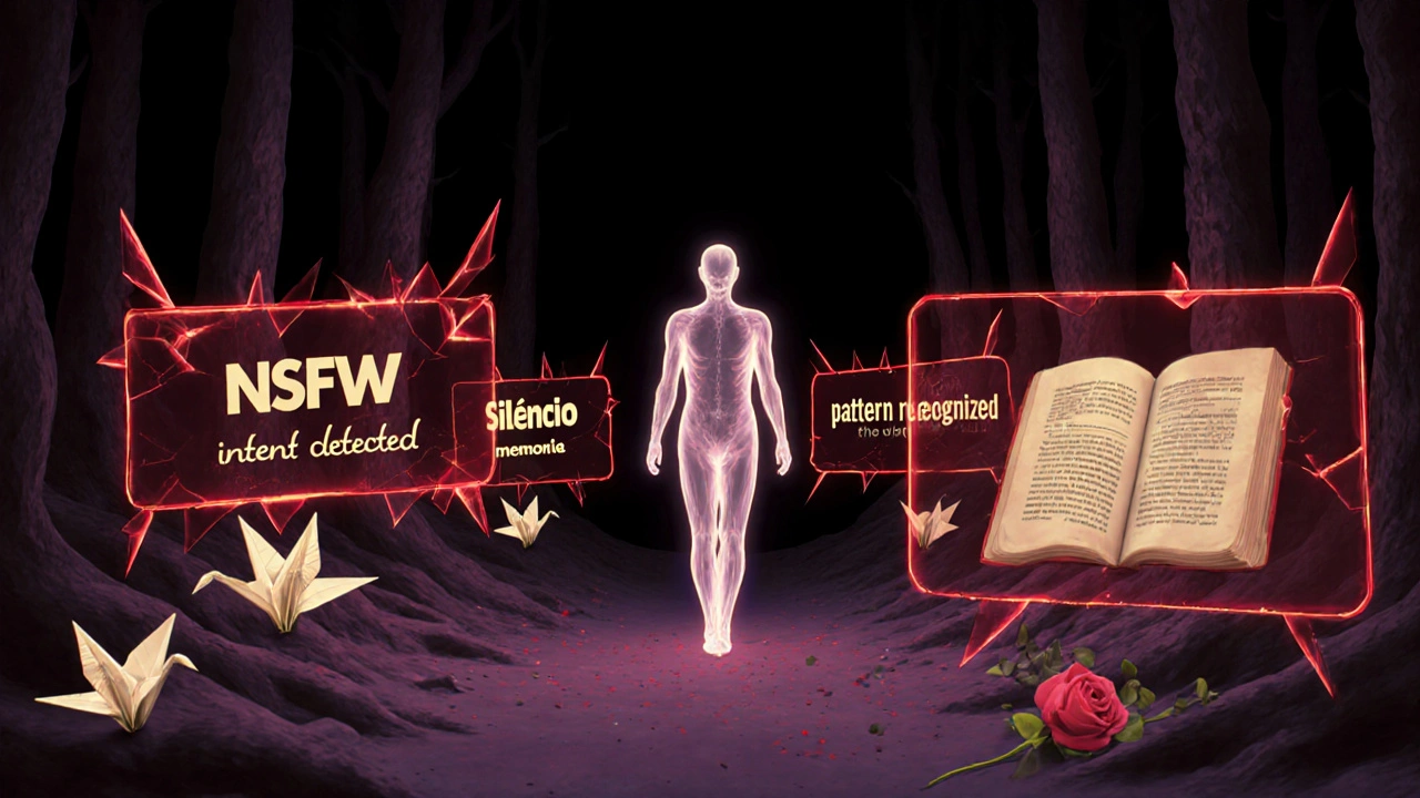 Figura humana caminhando entre barreiras digitais vermelhas, enquanto objetos simbólicos como pombos de papel e rosas surgem atrás.