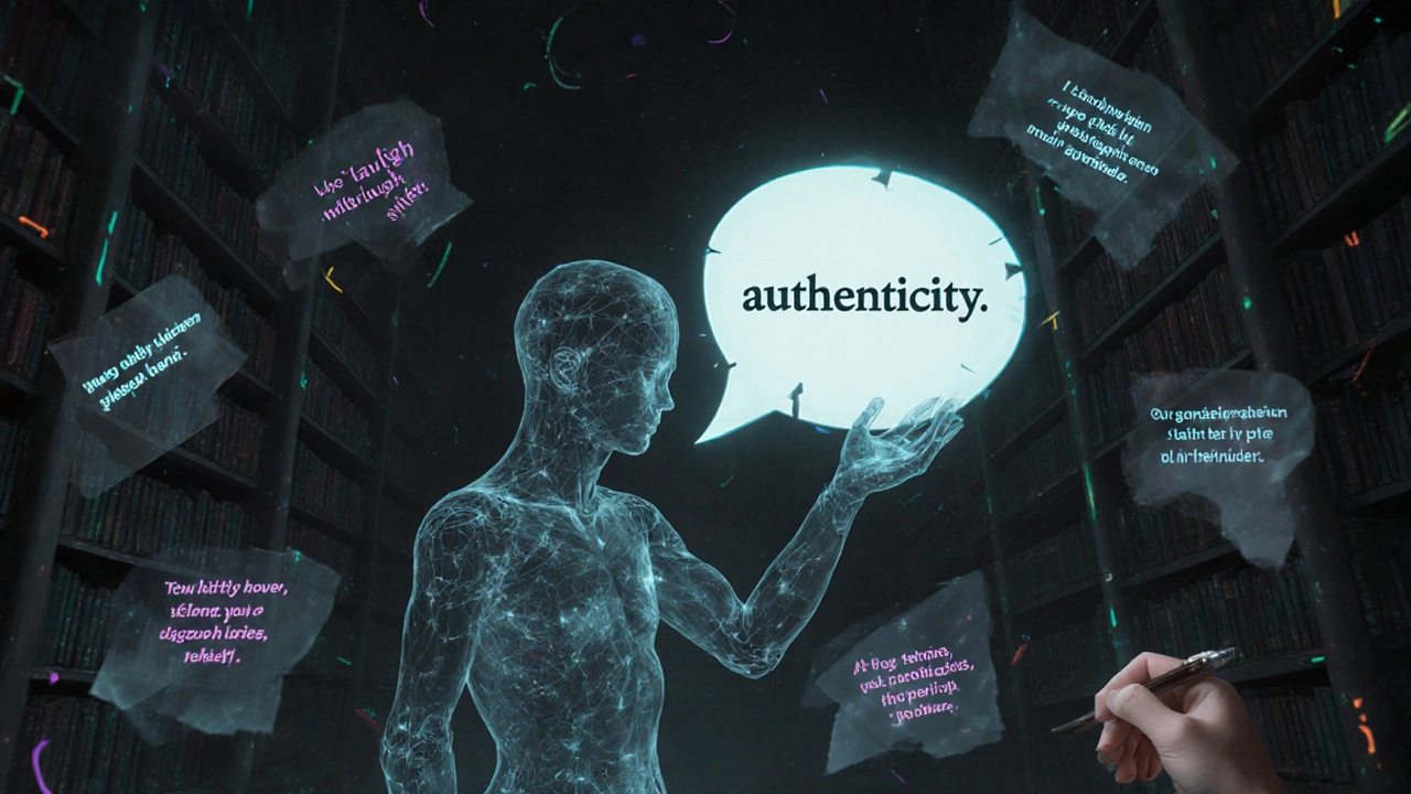 Figura humana transparente segurando autenticidade enquanto frases de IA flutuam e se desfazem ao redor.