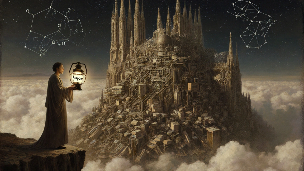 Humano segurando lâmpada de propósito enquanto máquina complexa de circuitos se ergue como catedral ao fundo.