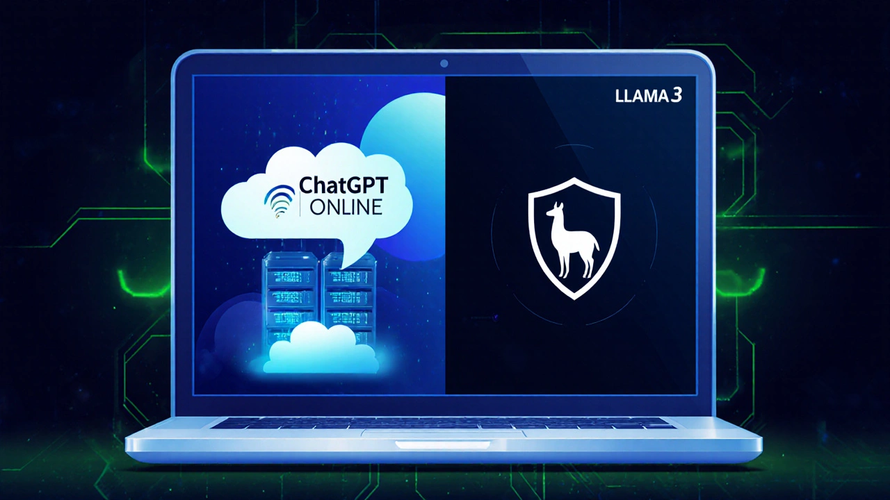 Ilustração conceitual de laptop dividido entre IA na nuvem e modelo local com símbolos de privacidade.