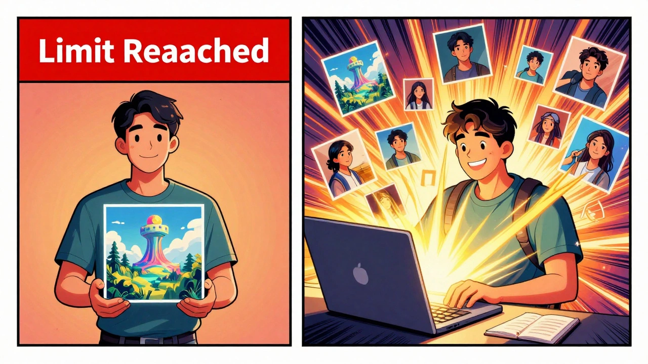 Ilustração em estilo quadrinho comparando limite de imagens gratuitas com acesso ilimitado no ChatGPT Plus.